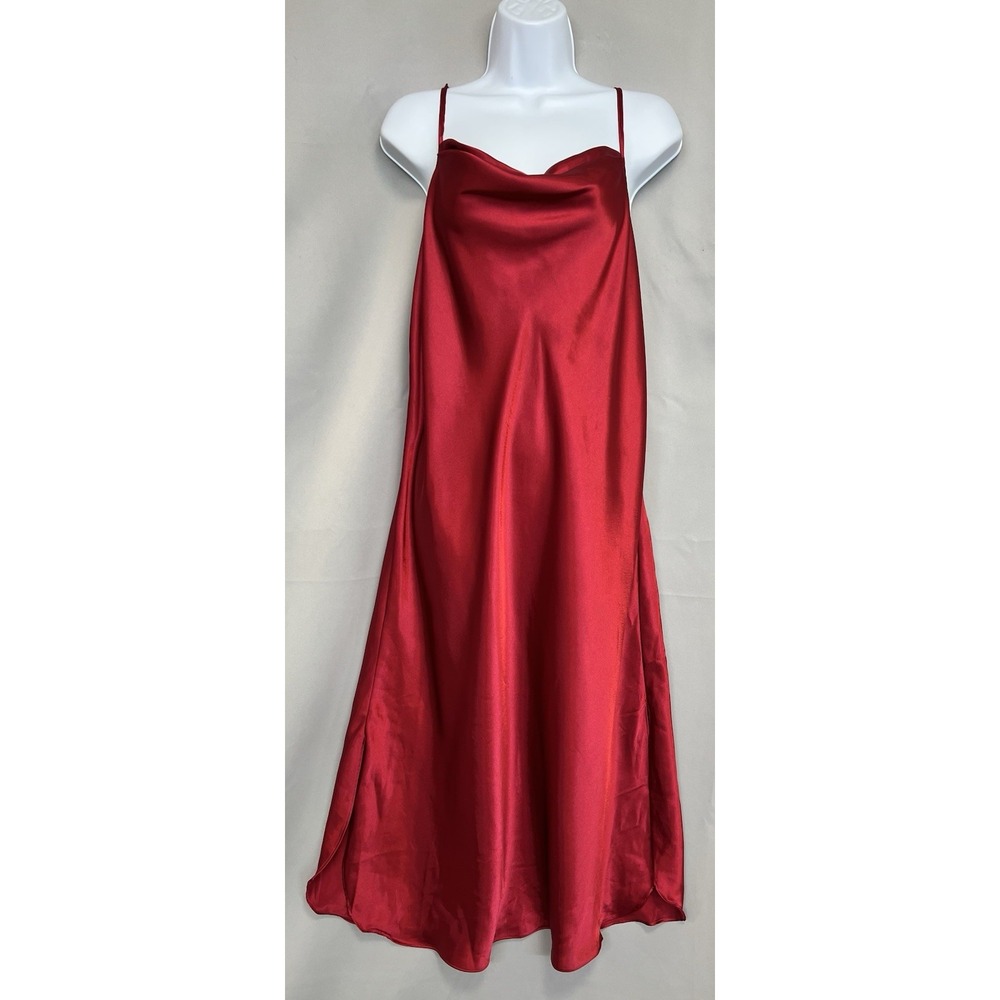 VTG Gilligan & O'Malley Sz Large Slip Dress Red Satin Nightgown Tie Back Y2K